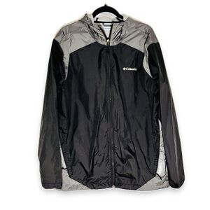Columbia Men’s Large Black Gray Hooded Windbreaker Jacket Lightweight Full Zip
